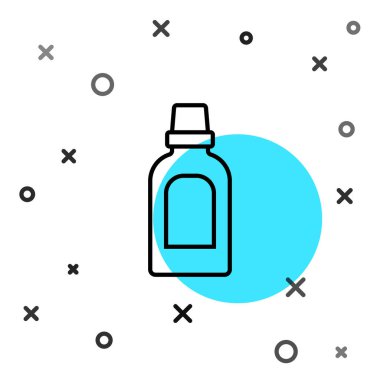 Çamaşır deterjanı, çamaşır suyu, bulaşık deterjanı ya da beyaz arka planda izole edilmiş başka bir temizlik maddesi ikonu için siyah çizgi plastik şişe. Rastgele dinamik şekiller. Vektör.