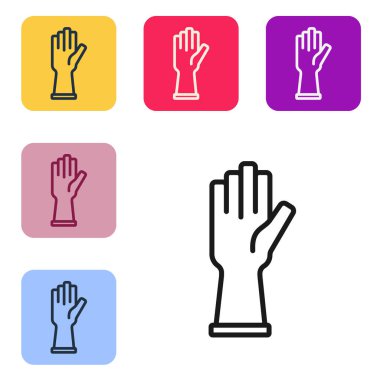 Siyah çizgili lastik eldiven ikonu beyaz arkaplanda izole edilmiş. Lateks el koruması işareti. Ev işi temizlik ekipmanları sembolü. Renkli kare düğmelerle simgeleri ayarla. Vektör.