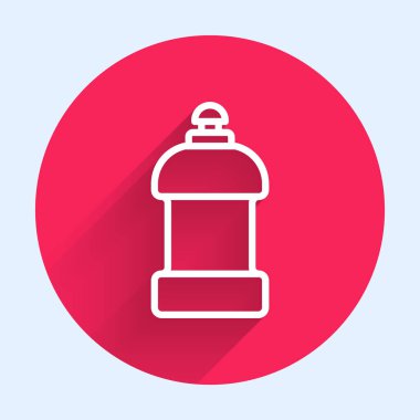 Beyaz çizgili plastik şişe çamaşır deterjanı, çamaşır suyu, bulaşık deterjanı ya da uzun gölgeli başka bir temizlik maddesi. Kırmızı daire düğmesi. Vektör.