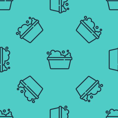 Siyah çizgi plastik leğen, sabun köpüğü ikonu, yeşil arka planda izole edilmiş pürüzsüz desen. Sulu kase. Çamaşır yıkama, temizlik malzemeleri. Vektör.