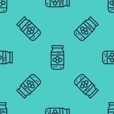 Bal simgesinin siyah çizgi kavanozu yeşil arkaplandaki pürüzsüz deseni izole etti. Yiyecek bankası. Tatlı doğal gıda sembolü. Vektör.