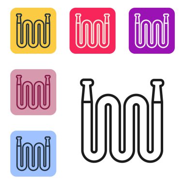 Beyaz arka planda siyah çizgi bahçe hortumu ikonu izole edildi. Sprey tabanca ikonu. Su ekipmanları. Renkli kare düğmelerle simgeleri ayarla. Vektör.