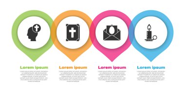 İnsan kafasını Hıristiyan haçıyla, İncil 'i kutsal kitapla, Paskalya Bayramı' nı kutlayan kartla ve şamdanında yanan mumla ayarla. Ticari bilgi şablonu. Vektör.