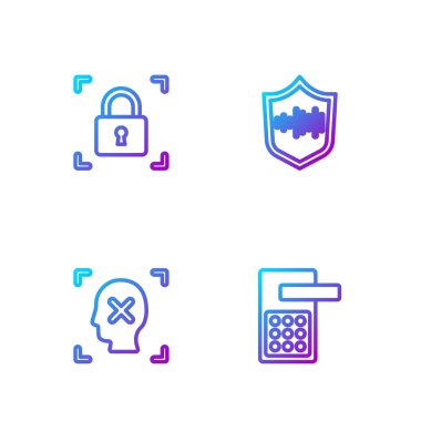 Dijital kapı kilidi, Reddedilme yüz tanıma, parmak izi ve Kalkan sesi ayarla. Renk simgeleri. Vektör.