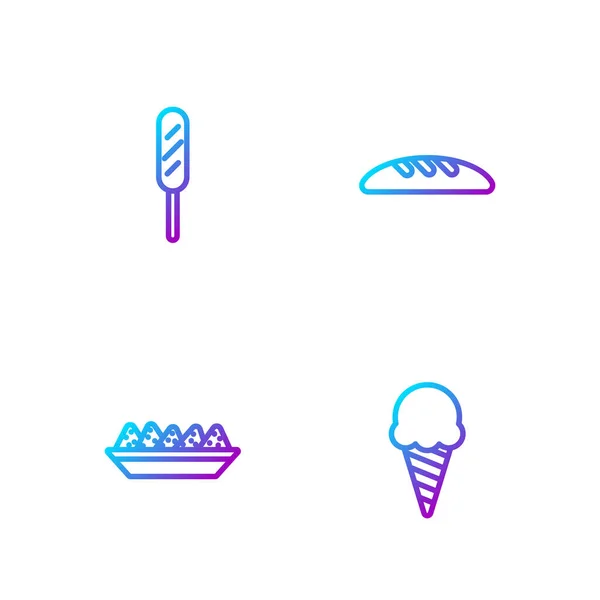 在华夫饼筒 玉米片 玉米狗和面包中摆放一系列冰淇淋 明亮的色彩图标 — 图库矢量图片