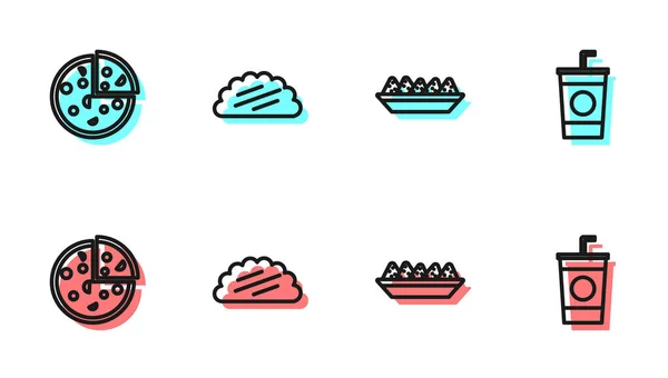 Set Line Nachos Plato Pizza Taco Con Tortilla Icono Paja — Vector de stock