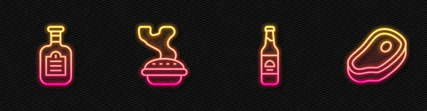 Set Bierflasche Sauce Hausgemachte Torte Und Steakfleisch Leuchtende Leuchtschrift Vektor — Stockvektor