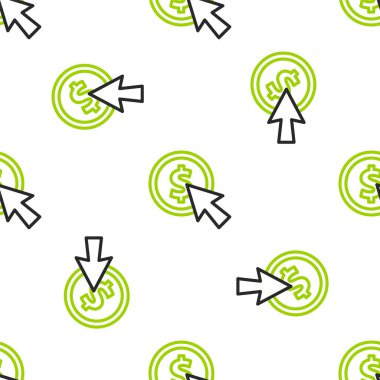 Satır İmleci ve sikke simgesi beyaz arkaplanda izole edilmiş kusursuz desen. Dolar ya da USD sembolü. Nakit bankacılık tabelası. Vektör İllüstrasyonu.