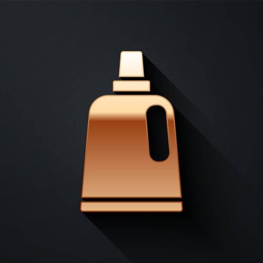 Çamaşır deterjanı, çamaşır suyu, bulaşık deterjanı ya da siyah arka planda izole edilmiş başka bir temizlik malzemesi için altın plastik şişe. Uzun gölge tarzı. Vektör.