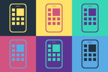 Pop Art Mobil Uygulamalar simgesi renk arkaplanında izole edildi. Ekran simgeli akıllı telefon, uygulamalar. Cep telefonu ekranı görünüyor. Vektör.