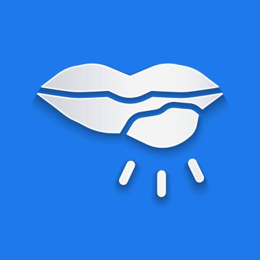 Kağıt kesiği Uçuklar dudak simgesi mavi arkaplanda izole edilmiş. Herpes simplex virüsü. Labiyal enfeksiyon iltihaplanma sembolü. Kağıt sanatı tarzı. Vektör.