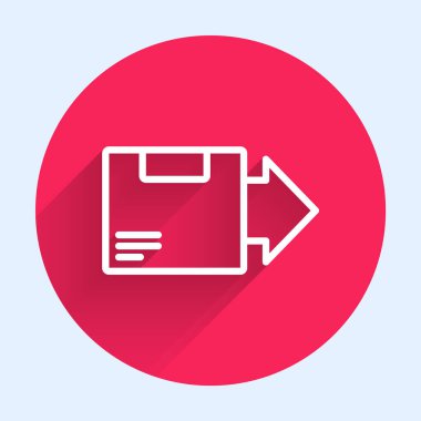Uzun gölgeli beyaz çizgi karton kutu simgesi. Kutu, paket, paket işareti. Teslimat ve ambalaj. Kırmızı daire düğmesi. Vektör İllüstrasyonu.