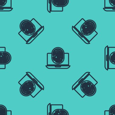 Parmak izi simgesi olan siyah çizgi dizüstü bilgisayarı yeşil arka planda izole edilmiş. Kimlik uygulaması simgesi. Kimlik işareti. Kimliğe dokun. Vektör.