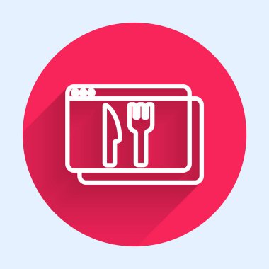 İnternetten sipariş edilen beyaz hat ve fast food dağıtım ikonu uzun gölgeli. Kırmızı daire düğmesi. Vektör.