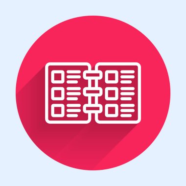 Beyaz Hat Restoran Kafe menüsü simgesi uzun gölgeli izole edilmiş. Kırmızı daire düğmesi. Vektör.