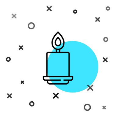 Beyaz arkaplanda siyah çizgi yanan mum simgesi izole edildi. Silindirik aromatik mum çubuğu ve yanan ateş. Mutlu Cadılar Bayramı Partisi. Rastgele dinamik şekiller. Vektör.