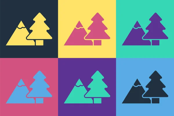 Pop Art Montagnes Avec Icône Arbre Isolé Sur Fond Couleur — Image vectorielle