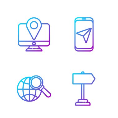 Hat trafik levhası, küresel büyüteç konum işaretleyicili monitör ve şehir haritası navigasyonu ayarlayın. Renk simgeleri. Vektör.