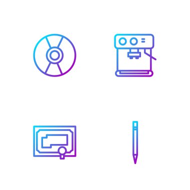 Silgi, sertifika şablonu, CD veya DVD diski ve kahve makinesiyle satırı ayarla. Renk simgeleri. Vektör.