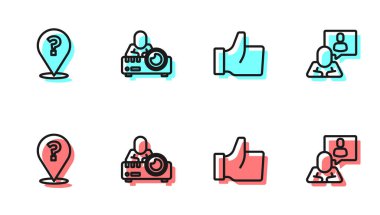 El 'i soru işareti, medya projektörü ve kafa avlama ikonu gibi ayarla. Vektör.