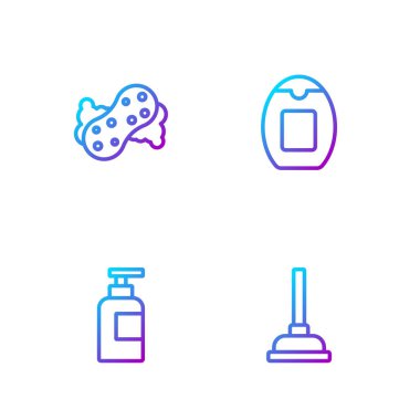 Lastik pompa, bir şişe şampuan, sünger ve... Renk simgeleri. Vektör.