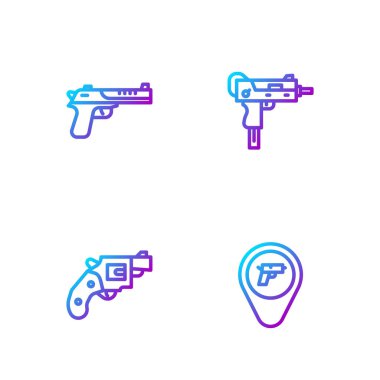 Hattı silahlarla belirleyin, küçük tabancalar, Çöl Kartalı ve UZI alt makineleri. Renk simgeleri. Vektör.