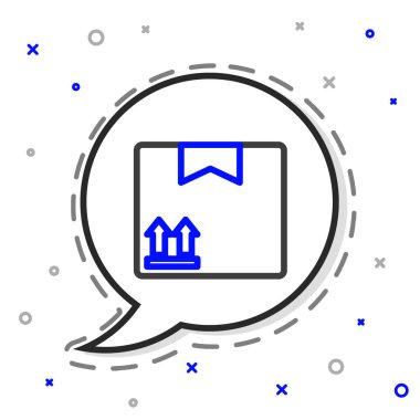 Beyaz zemin üzerinde trafik sembolü simgesi olan çizgi karton kutu. Kutu, paket, paket. Teslimat, ulaşım ve nakliye. Renkli taslak konsepti. Vektör İllüstrasyonu.