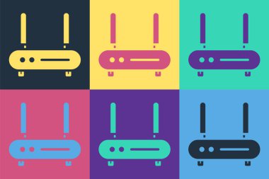 Pop sanat Router ve wi-fi sinyal ikonu renk arkaplanında izole edildi. Kablosuz ethernet modem yönlendirici. Bilgisayar teknolojisi interneti. Vektör İllüstrasyonu.