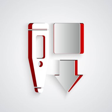 Tıbbi muayene ikonu için kağıt kesilmiş dijital termometre gri arka planda izole edilmiş. Kağıt sanatı tarzı. Vektör.