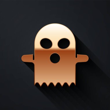 Altın Hayalet simgesi siyah arkaplanda izole edildi. Mutlu Cadılar Bayramı Partisi. Uzun gölge tarzı. Vektör.