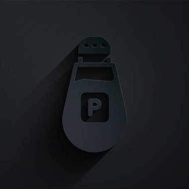 Kağıt kesiği Pepper simgesi siyah arkaplanda izole edilmiş. Yemek pişirme baharatları. Kağıt sanatı tarzı. Vektör.