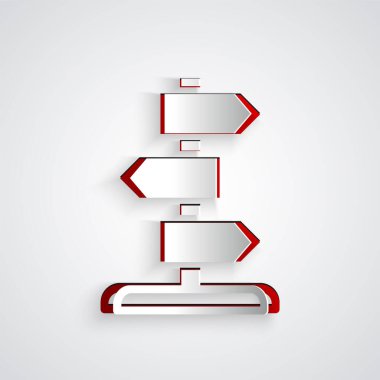 Kağıt kesiği trafik levhası. Gri arkaplanda sinyal simgesi izole edildi. İşaretçi sembolü. İzole sokak bilgi levhası. Yön tabelası. Kağıt sanatı tarzı. Vektör.