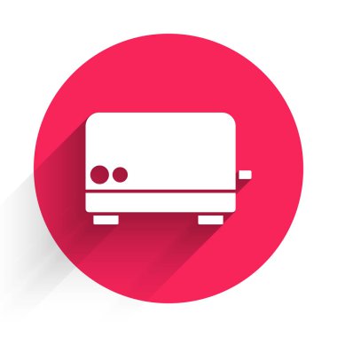 Beyaz tost makinesi simgesi uzun gölgeli. Kırmızı daire düğmesi. Vektör.