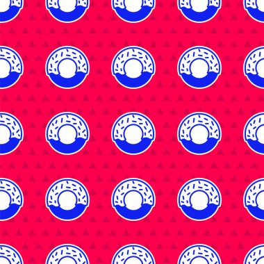 Kırmızı arka planda izole edilmiş tatlı simgeli mavi çörek. Vektör.