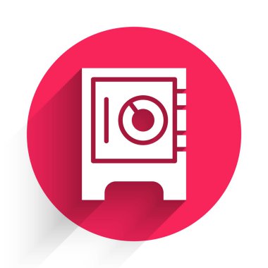 Beyaz Kasa simgesi uzun gölgeli izole edilmiş. Kapı, şifreli bir banka kasası. Güvenilir Veri Koruma. Kırmızı daire düğmesi. Vektör.