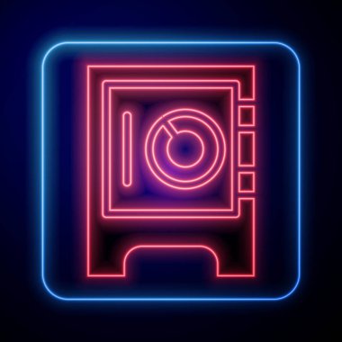 Parlayan neon kasa simgesi mavi arkaplanda izole edildi. Kapı, şifreli bir banka kasası. Güvenilir Veri Koruma. Vektör.
