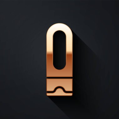 Siyah arka planda izole edilmiş altın şampuan ikonu. Uzun gölge tarzı. Vektör.