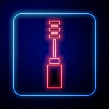 Parlayan neon Mascara fırça ikonu mavi arkaplanda izole edildi. Vektör.