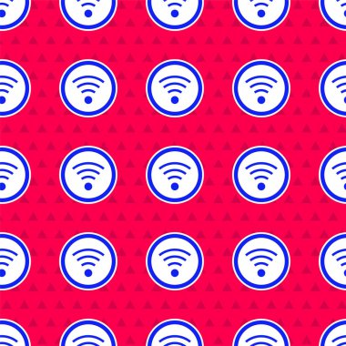 Mavi Wi-Fi kablosuz internet ağ sembolü simgesi kırmızı arkaplanda izole edilmiş. Vektör.