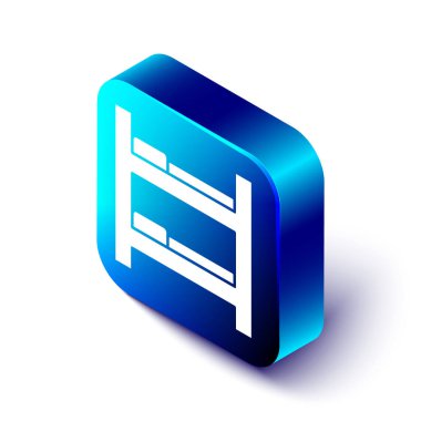 Beyaz arka planda izole edilmiş Isometric Otel odası yatak ikonu. Mavi kare düğme. Vektör.