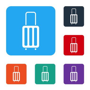 Seyahat simgesi için beyaz bavul beyaz arkaplanda izole edildi. Seyahat bagaj tabelası. Seyahat bagaj ikonu. Renkli kare düğmelerle simgeleri ayarla. Vektör.