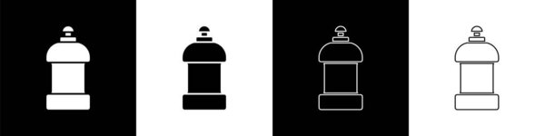 Набор пластиковой бутылки для стирального порошка, отбеливателя, жидкости для мытья посуды или другой значок чистящего средства изолированы на черно-белом фоне. Вектор.
