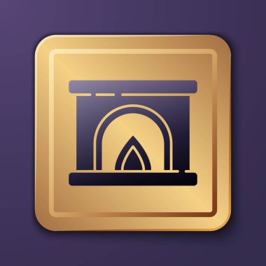 Mor arka planda izole edilmiş mor şömine ikonu. Altın kare düğme. Vektör.