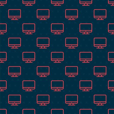 Kırmızı çizgi bilgisayar ekranı simgesi siyah arkaplanda izole edilmiş. Elektronik cihaz. Ön manzara. Vektör İllüstrasyonu.