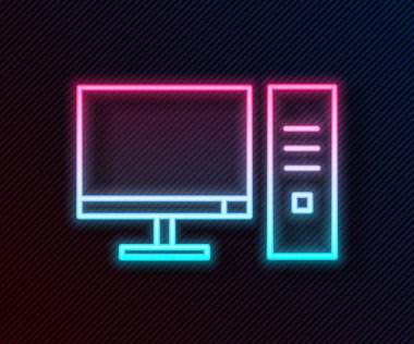 Parlayan neon hattı bilgisayar monitörü simgesi siyah arkaplanda izole edildi. Bilgisayar bileşeni işareti. Vektör İllüstrasyonu.
