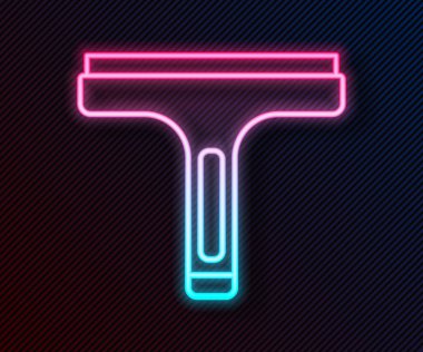 Siyah arkaplanda izole edilmiş pencere simgesi için kauçuk temizleme servisiyle parlayan neon hattı. Silecek, kazıyıcı, silecek. Vektör.