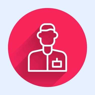 Beyaz çizgi analisti mühendis simgesi uzun gölge arkaplanı ile izole edildi. Kırmızı daire düğmesi. Vektör