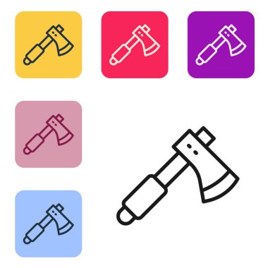 Siyah çizgi tahta balta simgesi beyaz arkaplanda izole edildi. Oduncu baltası. Renkli kare düğmelerle simgeleri ayarla. Vektör.