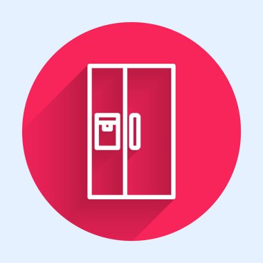 Beyaz çizgi buzdolabı ikonu uzun gölgeli. Buzdolabı buzdolabı. Ev aletleri ve aletler. Kırmızı daire düğmesi. Vektör.