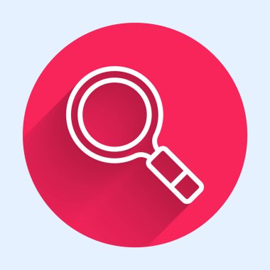 Arama simgesinin uzun gölgeli olduğu beyaz çizgi büyüteç. Dedektif araştırıyor. Kırmızı daire düğmesi. Vektör.